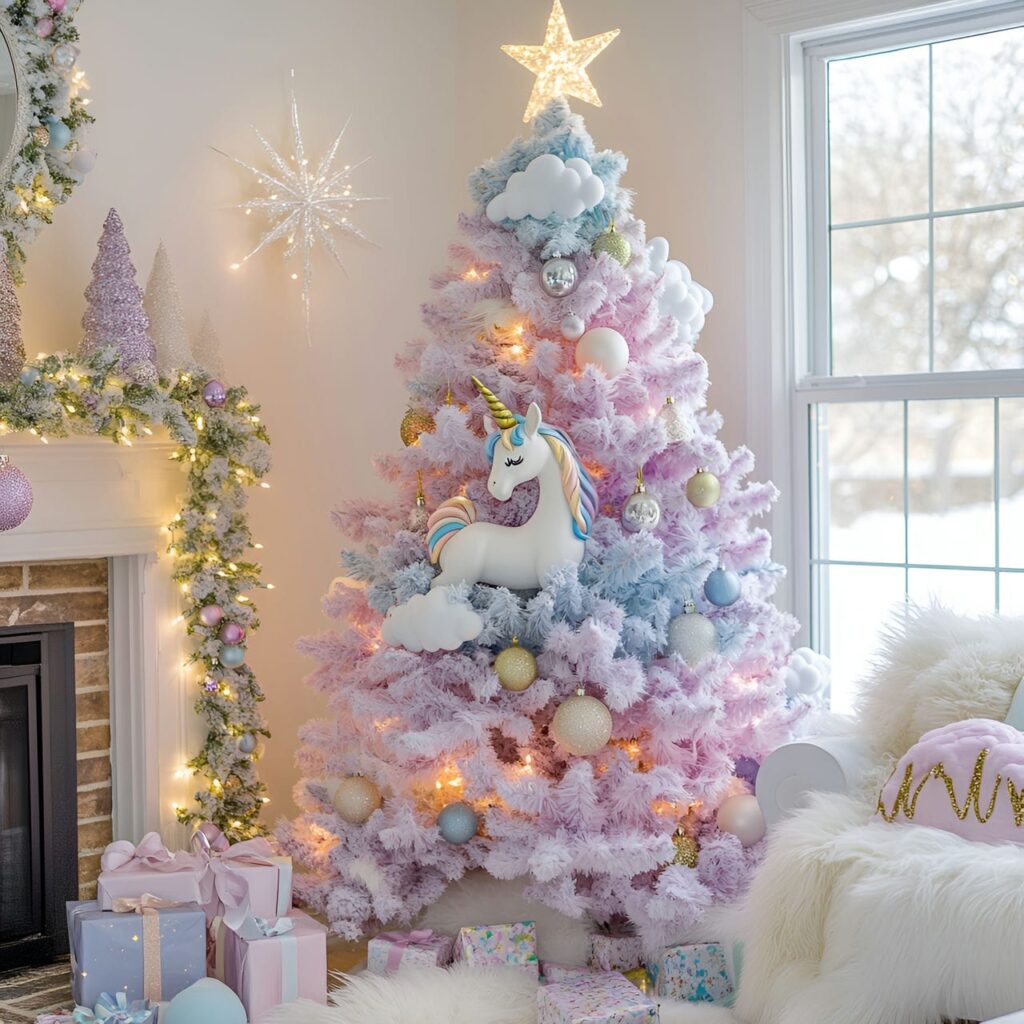 20. Unicorn Magic Pastel Christmas Tree with Whimsical Unicorn Décor