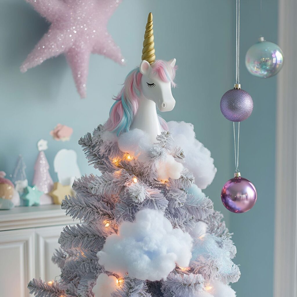 20. Unicorn Magic Pastel Christmas Tree with Whimsical Unicorn Décor