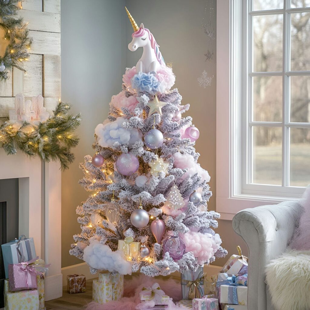 20. Unicorn Magic Pastel Christmas Tree with Whimsical Unicorn Décor