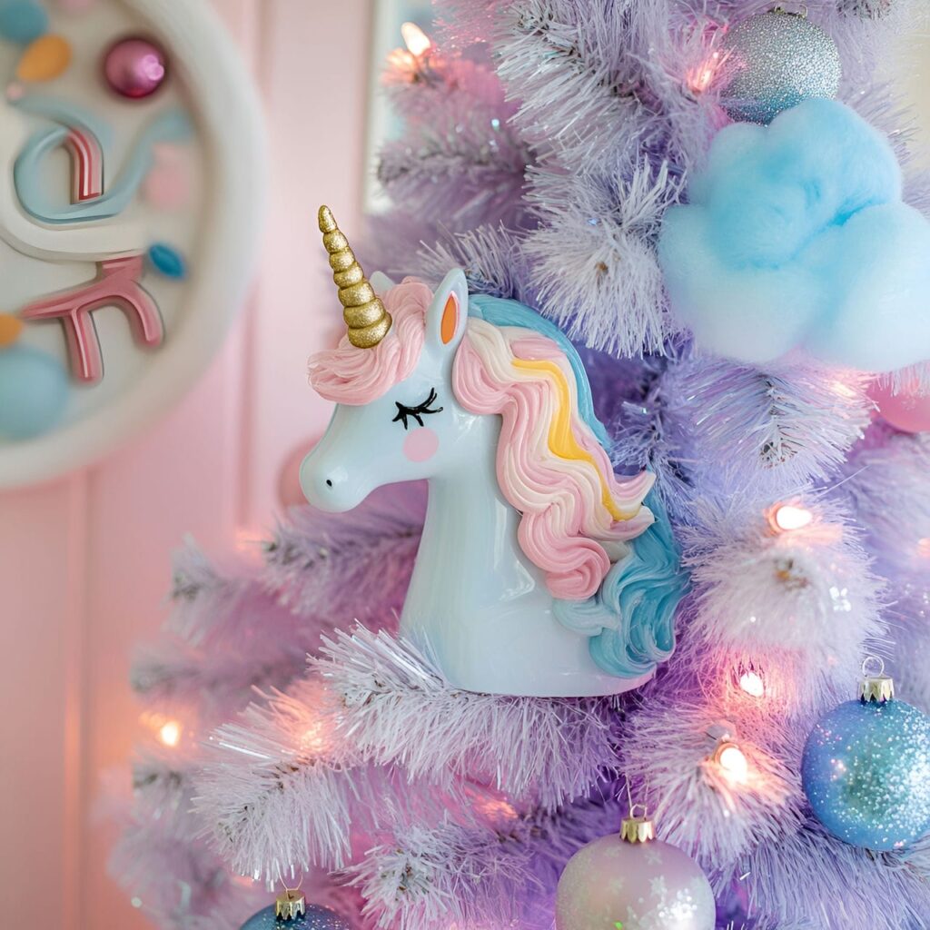 20. Unicorn Magic Pastel Christmas Tree with Whimsical Unicorn Décor