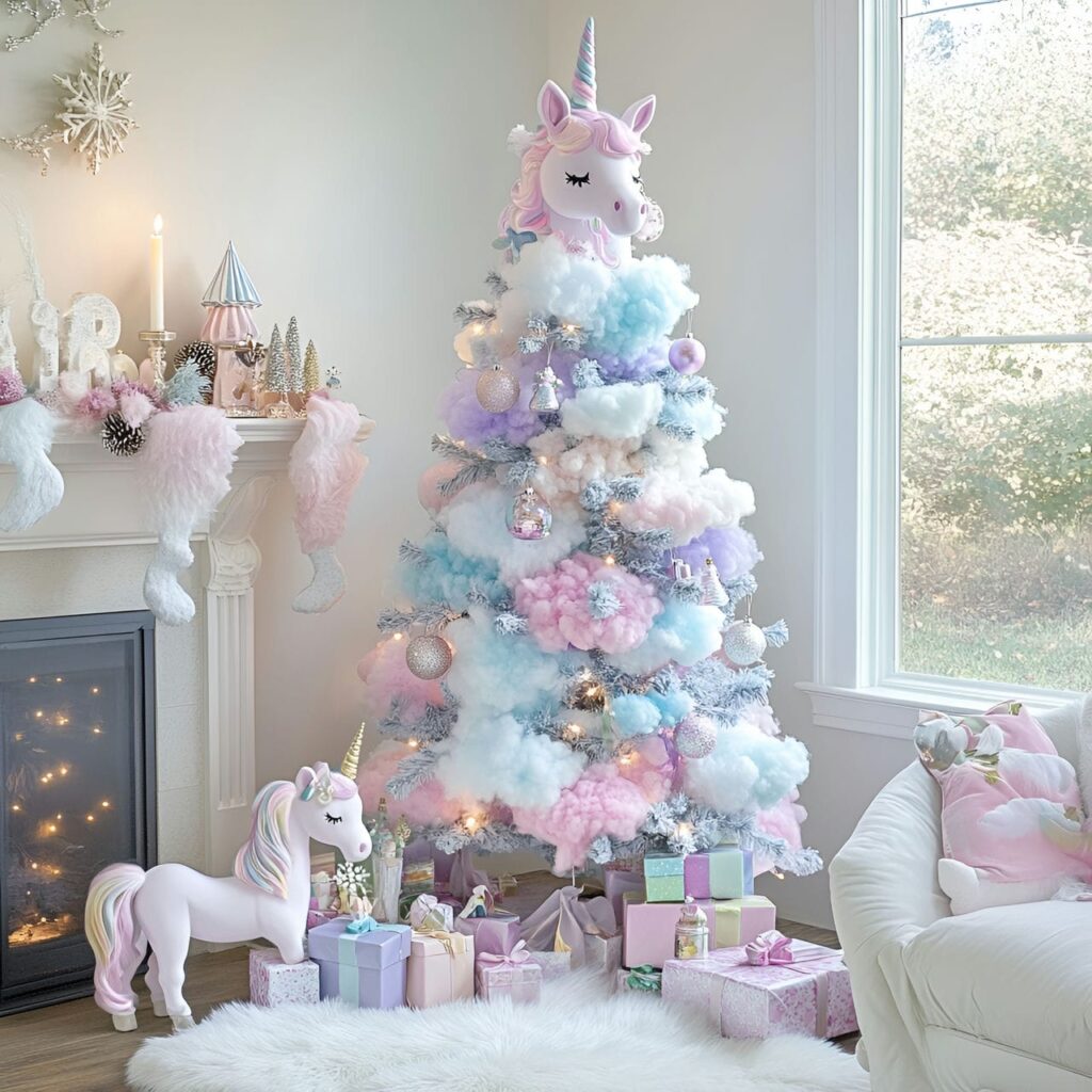 20. Unicorn Magic Pastel Christmas Tree with Whimsical Unicorn Décor