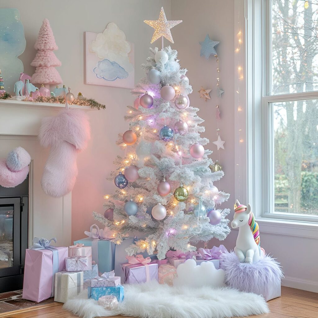 20. Unicorn Magic Pastel Christmas Tree with Whimsical Unicorn Décor