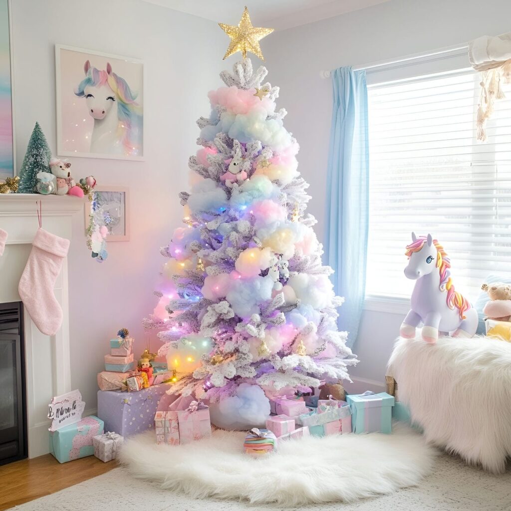 20. Unicorn Magic Pastel Christmas Tree with Whimsical Unicorn Décor