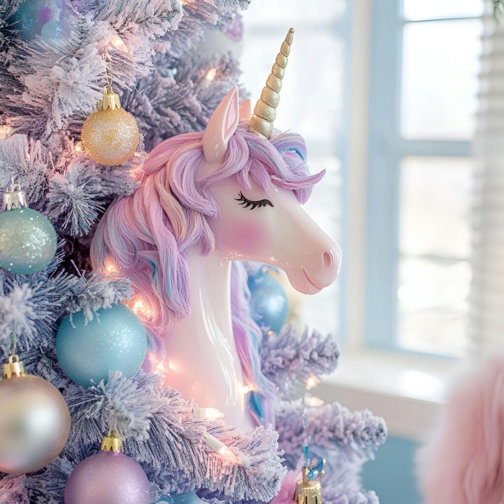 20. Unicorn Magic Pastel Christmas Tree with Whimsical Unicorn Décor