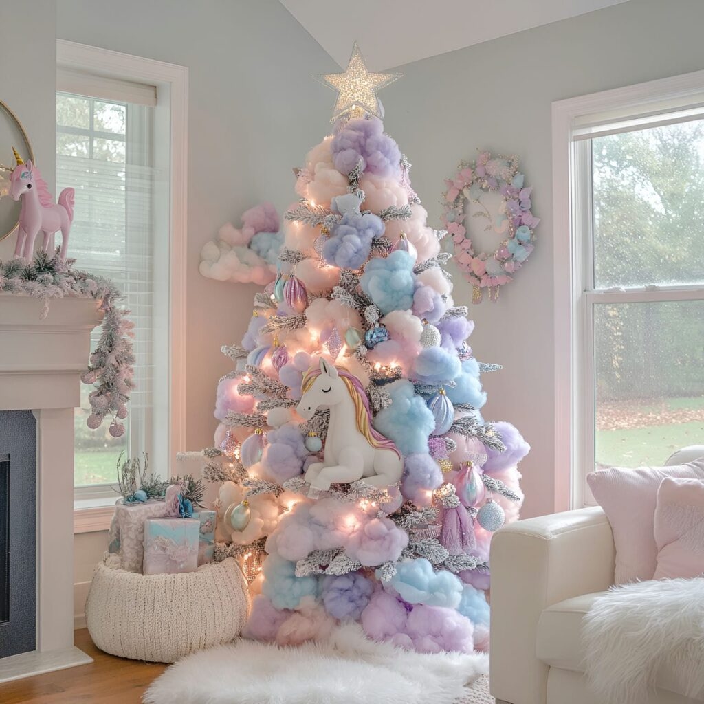 20. Unicorn Magic Pastel Christmas Tree with Whimsical Unicorn Décor