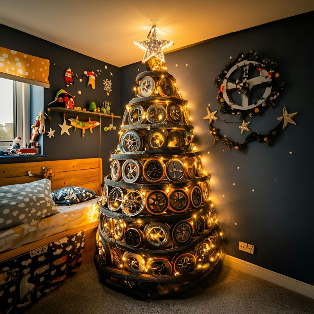 22. Upcycled Bicycle Wheel Christmas Tree with Fairy Lights