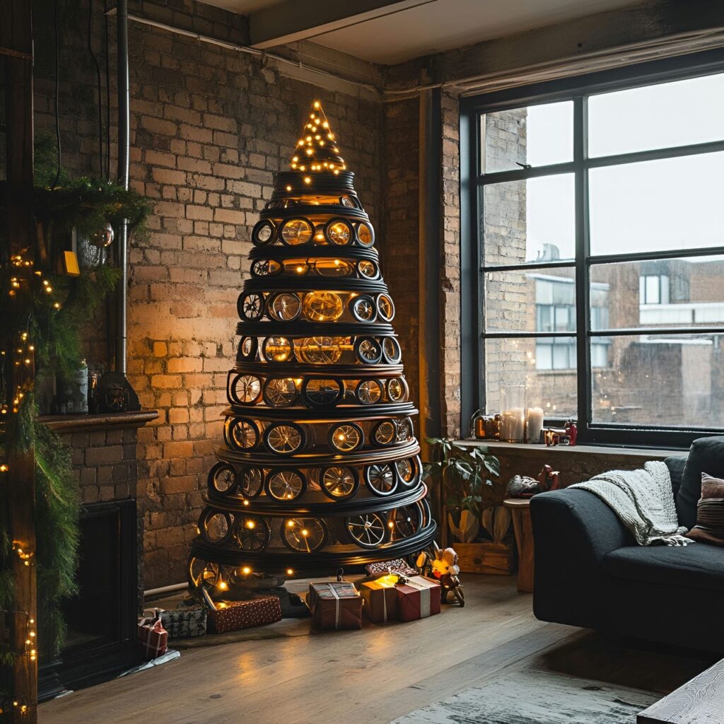 22. Upcycled Bicycle Wheel Christmas Tree with Fairy Lights