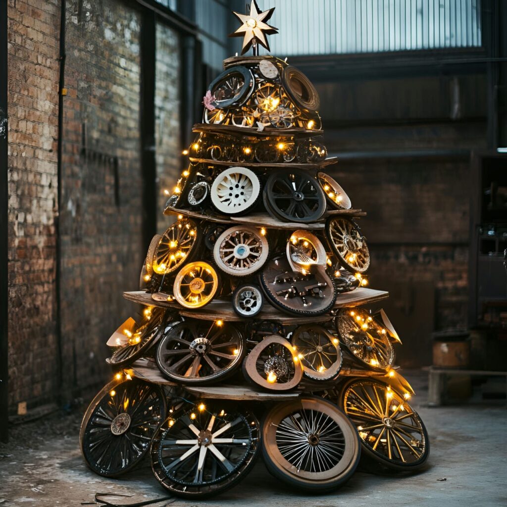 22. Upcycled Bicycle Wheel Christmas Tree with Fairy Lights