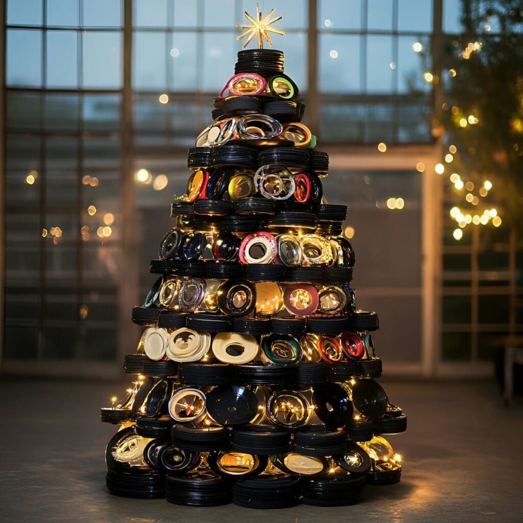 22. Upcycled Bicycle Wheel Christmas Tree with Fairy Lights