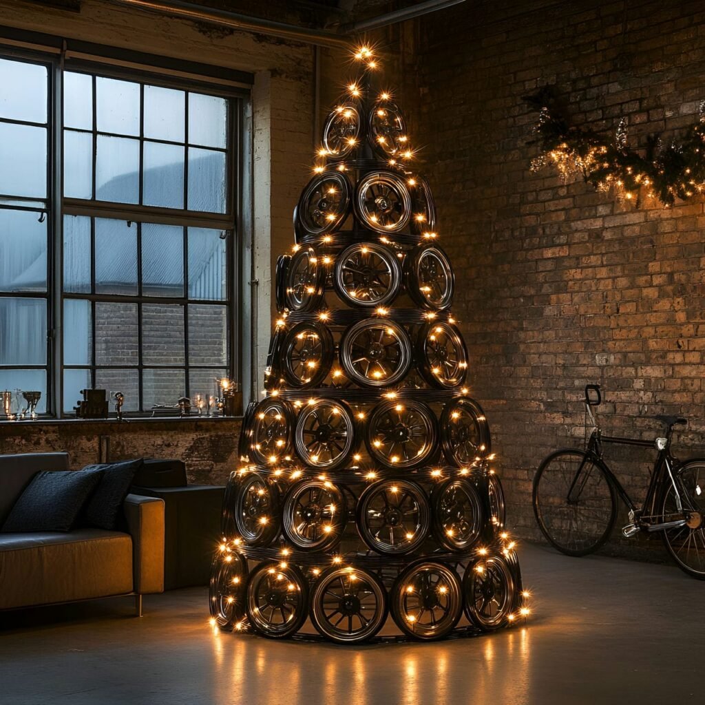 22. Upcycled Bicycle Wheel Christmas Tree with Fairy Lights