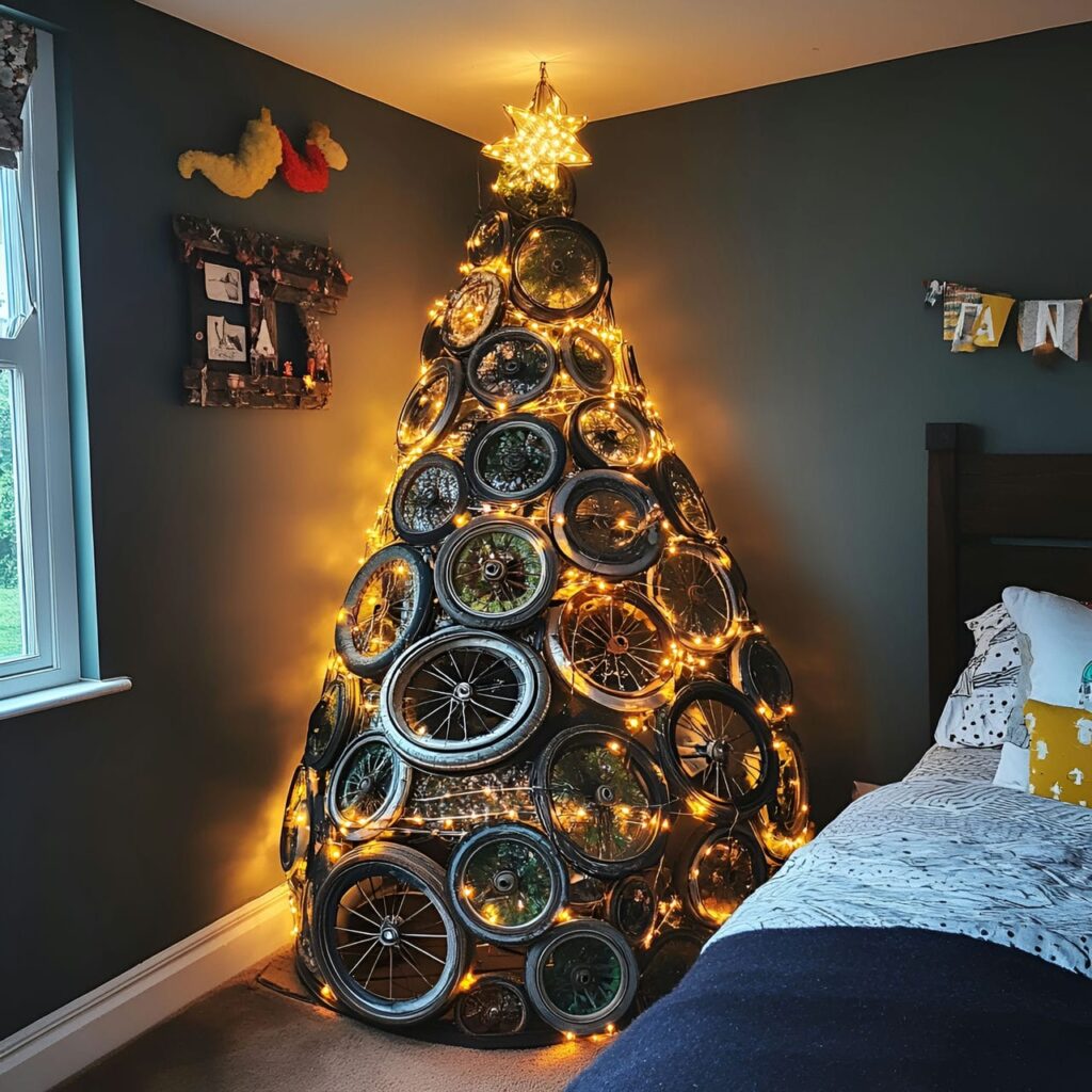 22. Upcycled Bicycle Wheel Christmas Tree with Fairy Lights