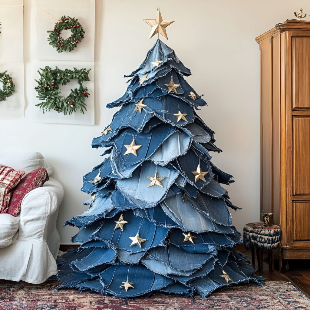 12. Upcycled Fabric Christmas Tree with Cotton Garlands