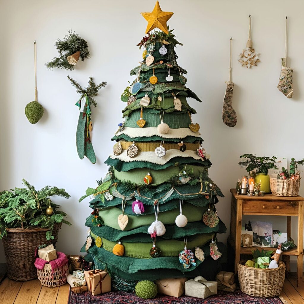 12. Upcycled Fabric Christmas Tree with Cotton Garlands