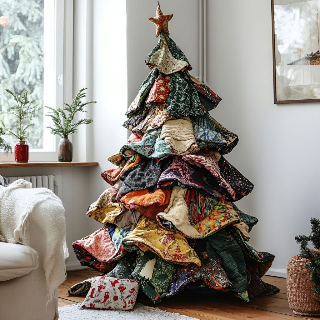 12. Upcycled Fabric Christmas Tree with Cotton Garlands