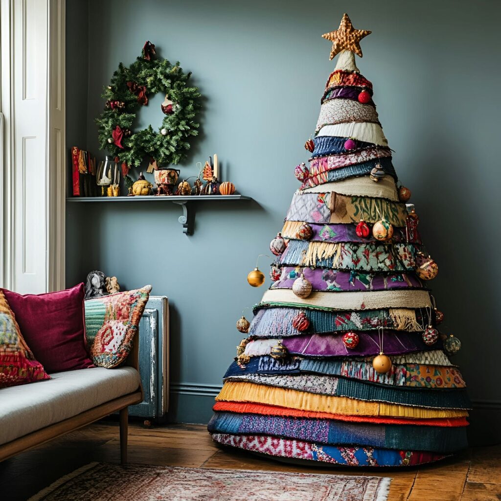 12. Upcycled Fabric Christmas Tree with Cotton Garlands