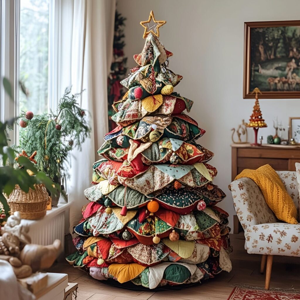 12. Upcycled Fabric Christmas Tree with Cotton Garlands