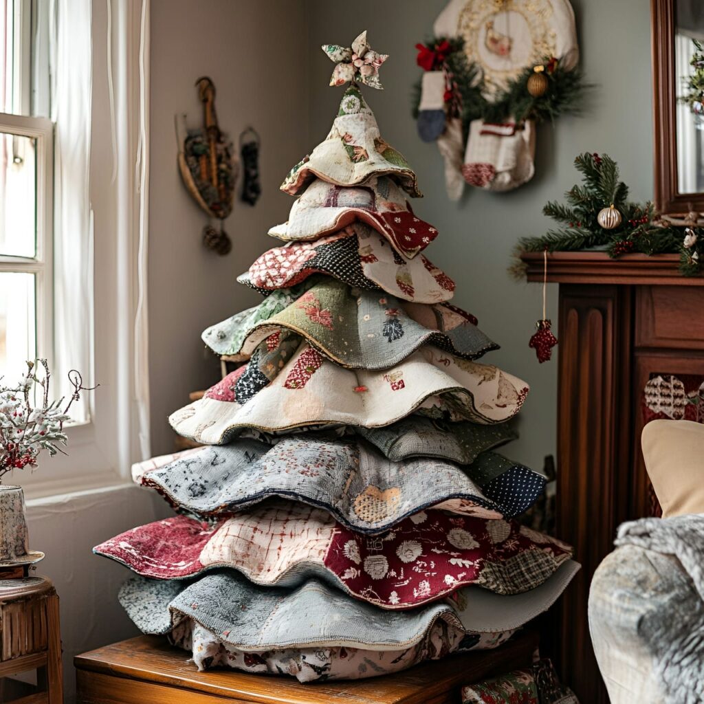 12. Upcycled Fabric Christmas Tree with Cotton Garlands