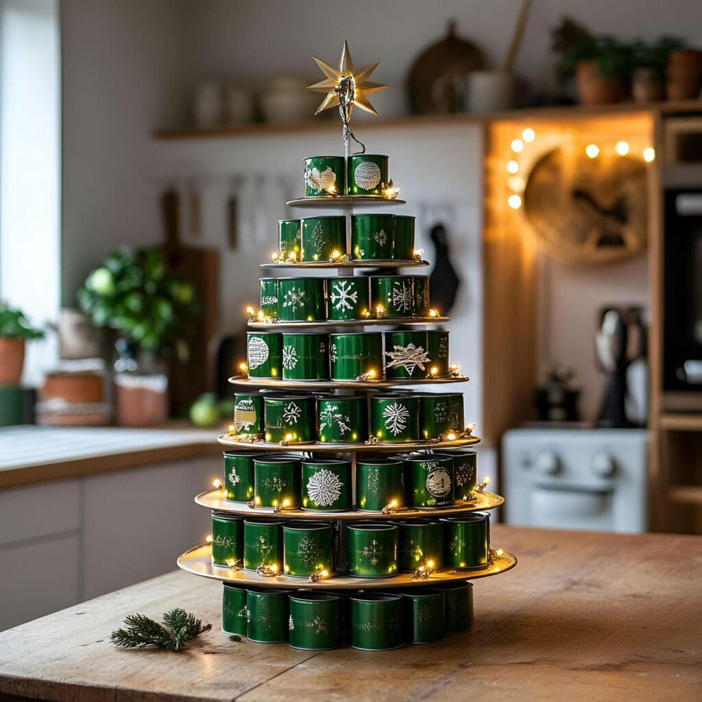 30. Upcycled Tin Can Christmas Tree with Fairy Lights