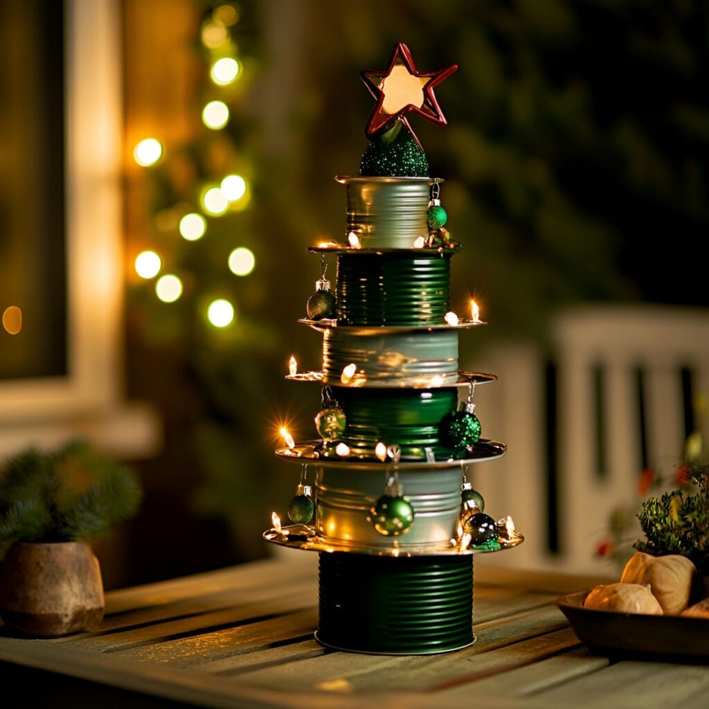 30. Upcycled Tin Can Christmas Tree with Fairy Lights