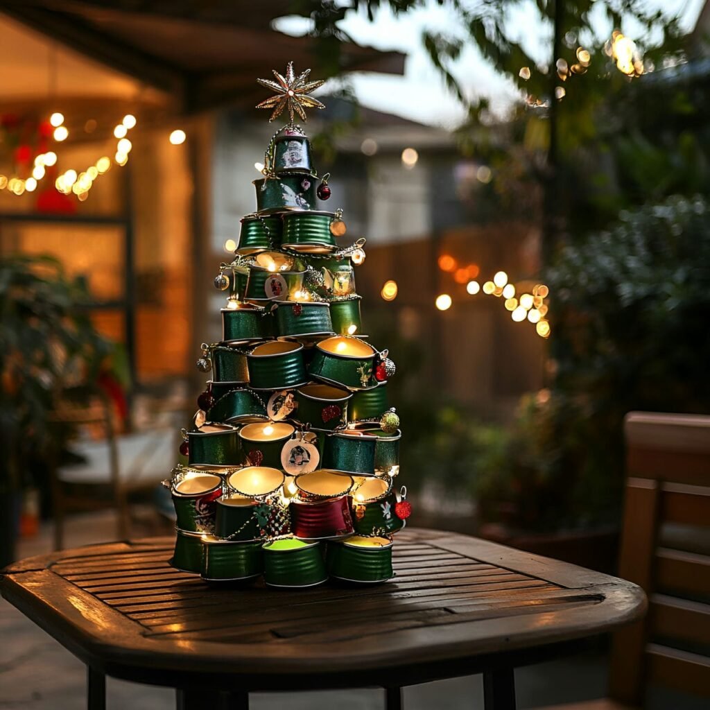 30. Upcycled Tin Can Christmas Tree with Fairy Lights