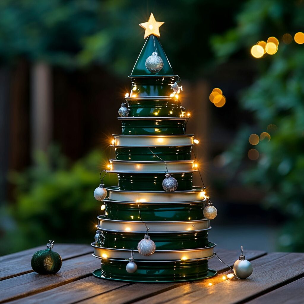 30. Upcycled Tin Can Christmas Tree with Fairy Lights