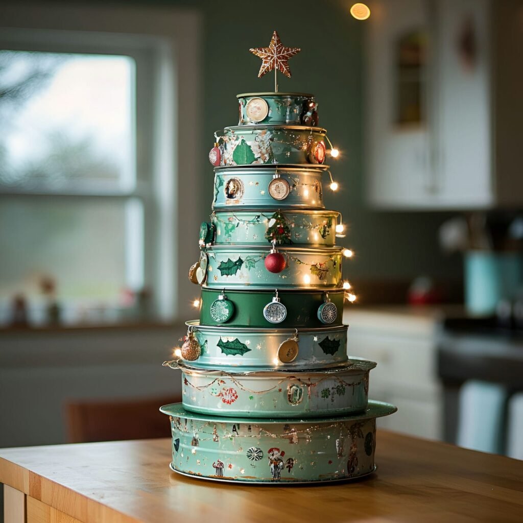 30. Upcycled Tin Can Christmas Tree with Fairy Lights