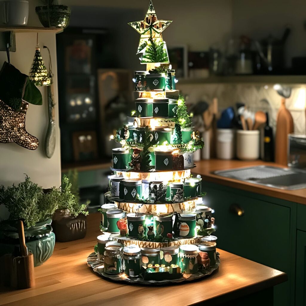 30. Upcycled Tin Can Christmas Tree with Fairy Lights