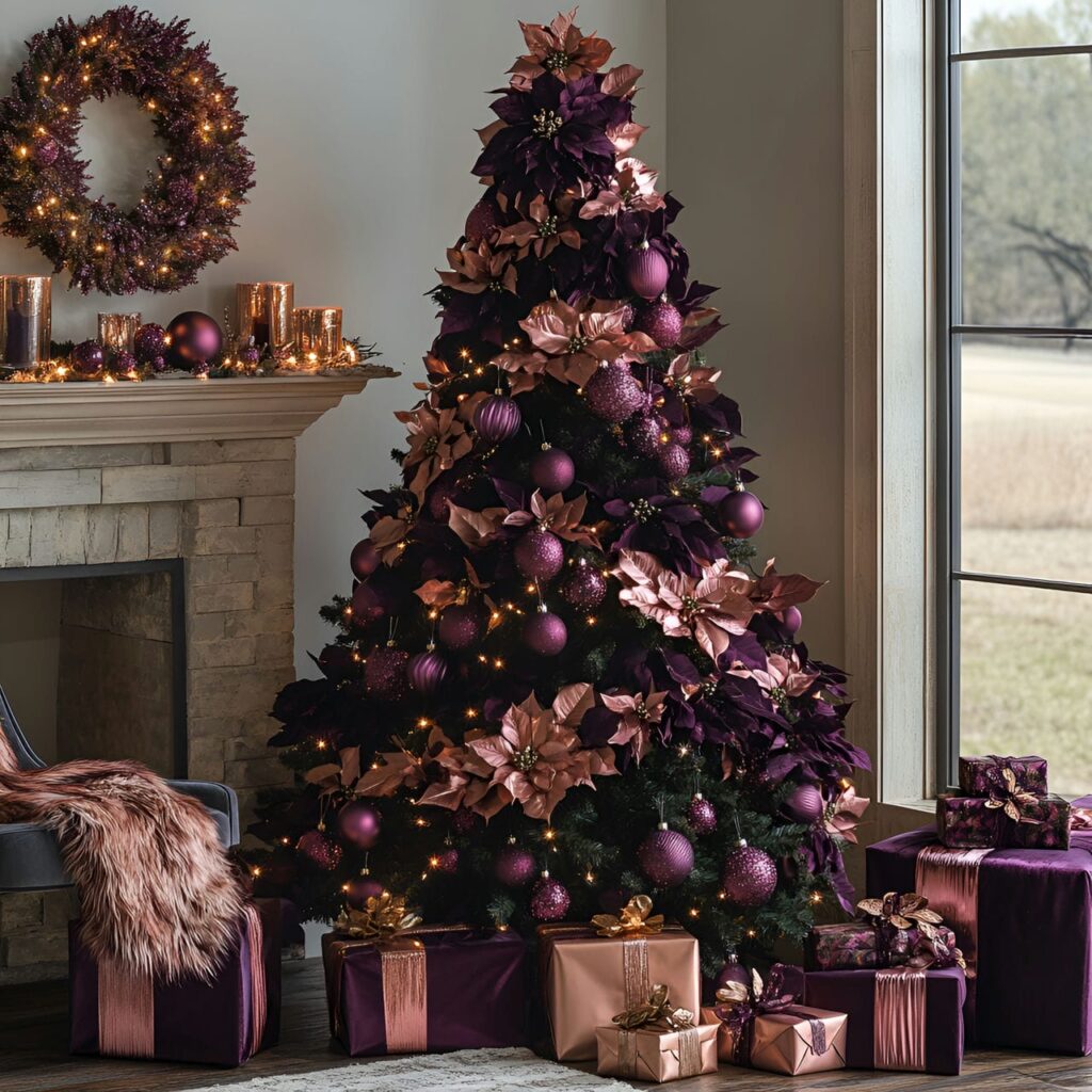 20. Velvet Plum & Copper Winter Glow Tree with Plum Garlands