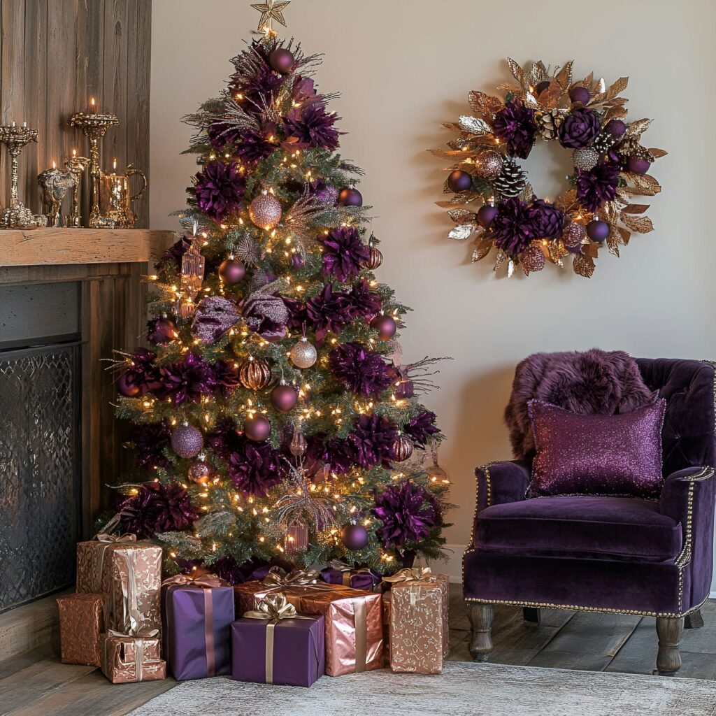 20. Velvet Plum & Copper Winter Glow Tree with Plum Garlands