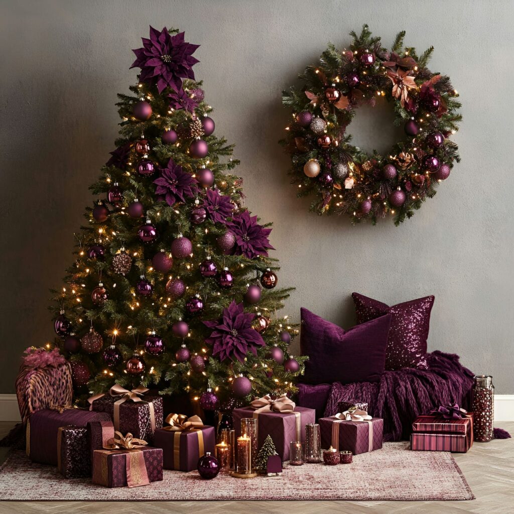 20. Velvet Plum & Copper Winter Glow Tree with Plum Garlands