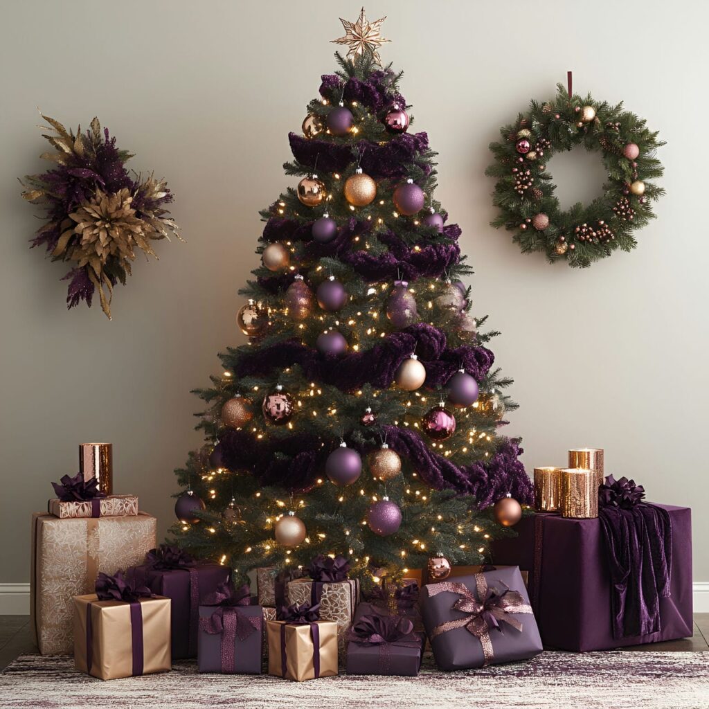 20. Velvet Plum & Copper Winter Glow Tree with Plum Garlands