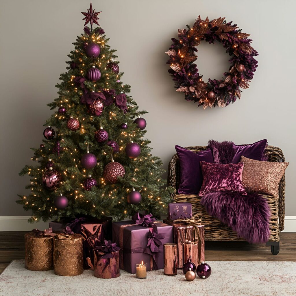 20. Velvet Plum & Copper Winter Glow Tree with Plum Garlands