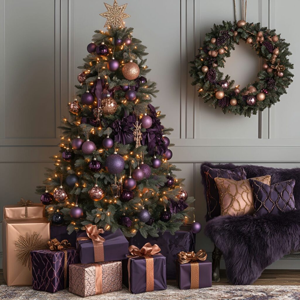 20. Velvet Plum & Copper Winter Glow Tree with Plum Garlands