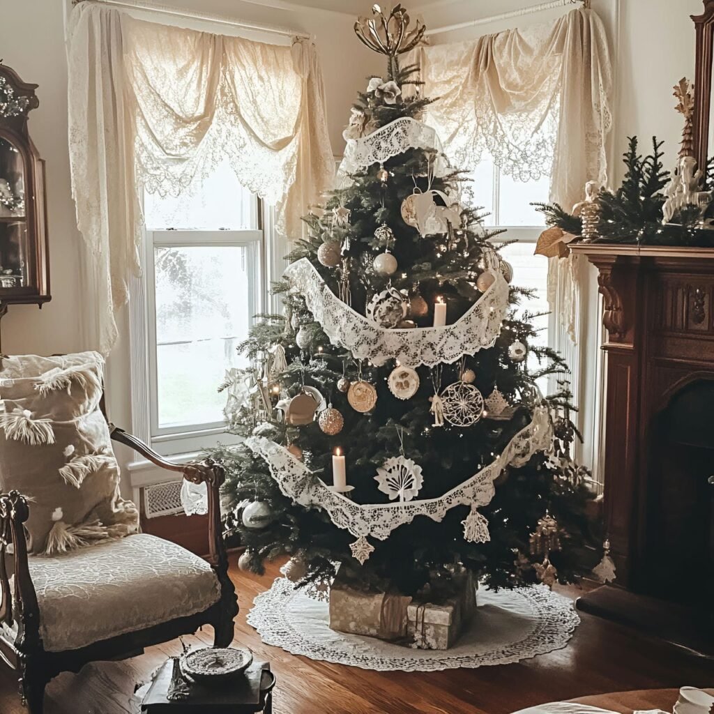 02. Victorian Elegance Christmas Tree with Lace Ribbons & Candles