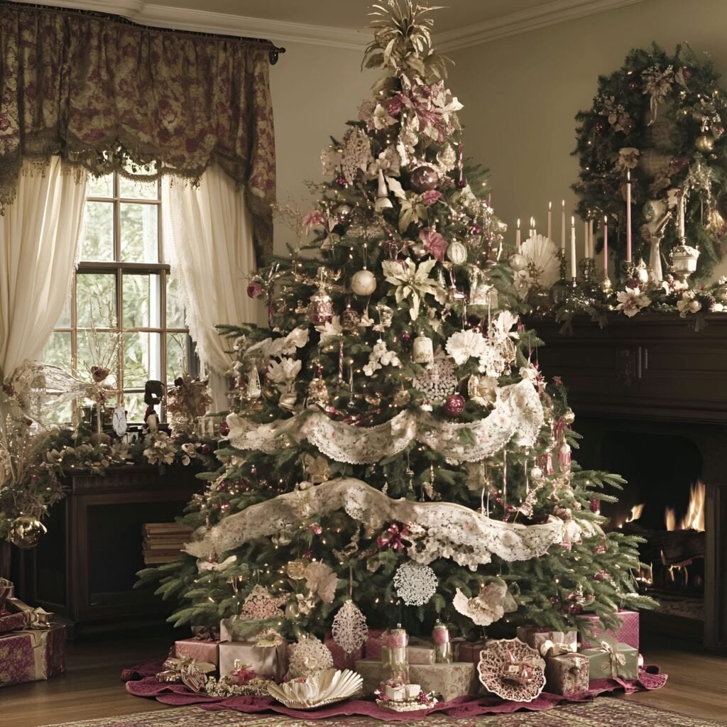 02. Victorian Elegance Christmas Tree with Lace Ribbons & Candles