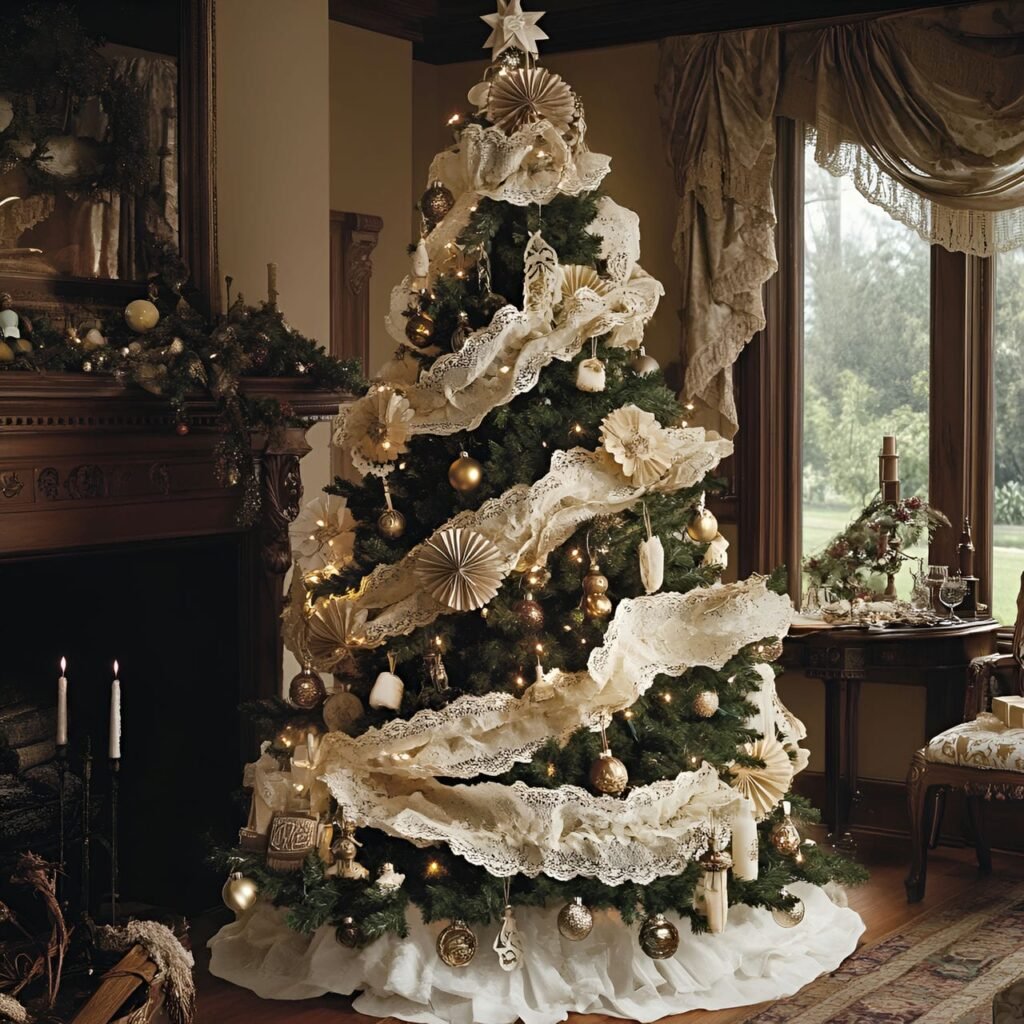 02. Victorian Elegance Christmas Tree with Lace Ribbons & Candles