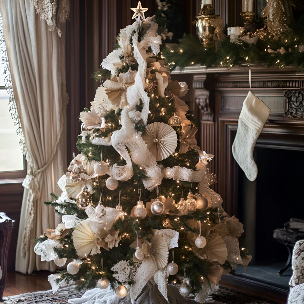 02. Victorian Elegance Christmas Tree with Lace Ribbons & Candles