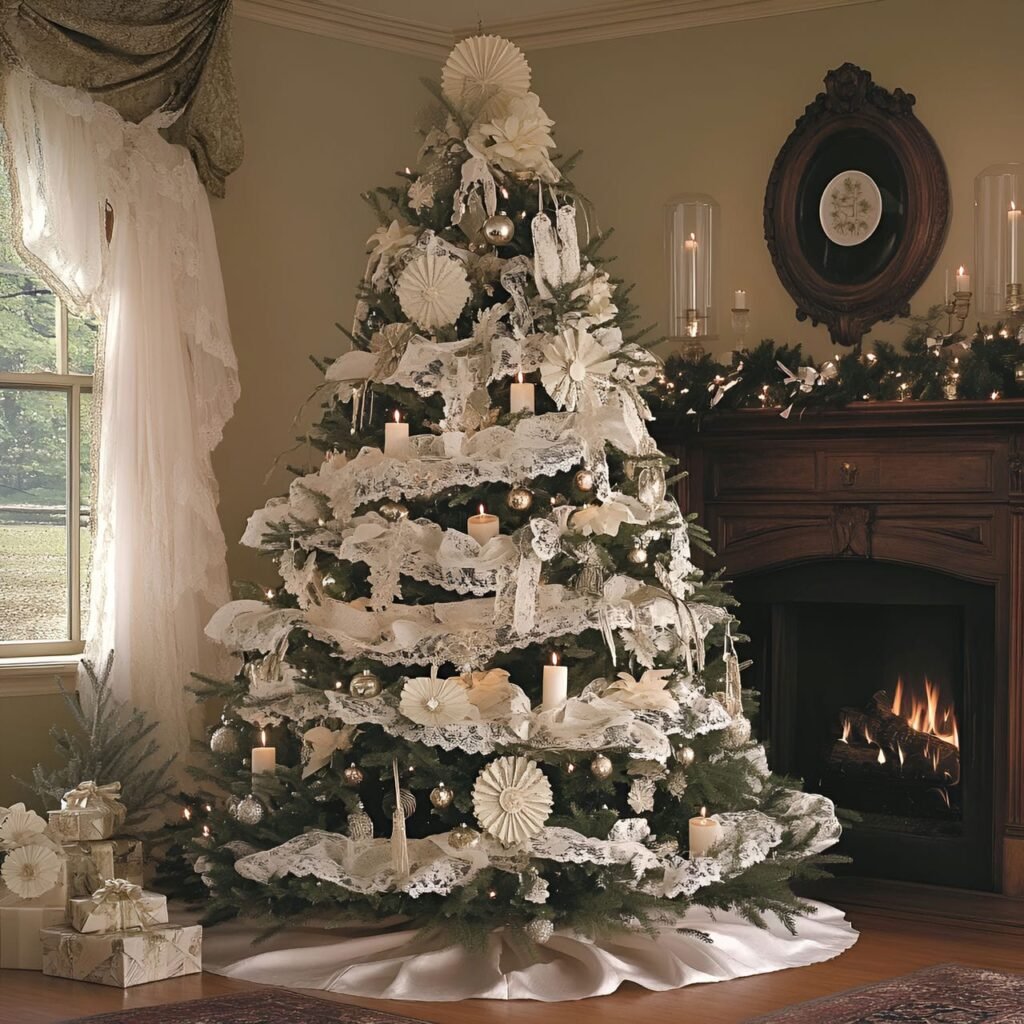 02. Victorian Elegance Christmas Tree with Lace Ribbons & Candles