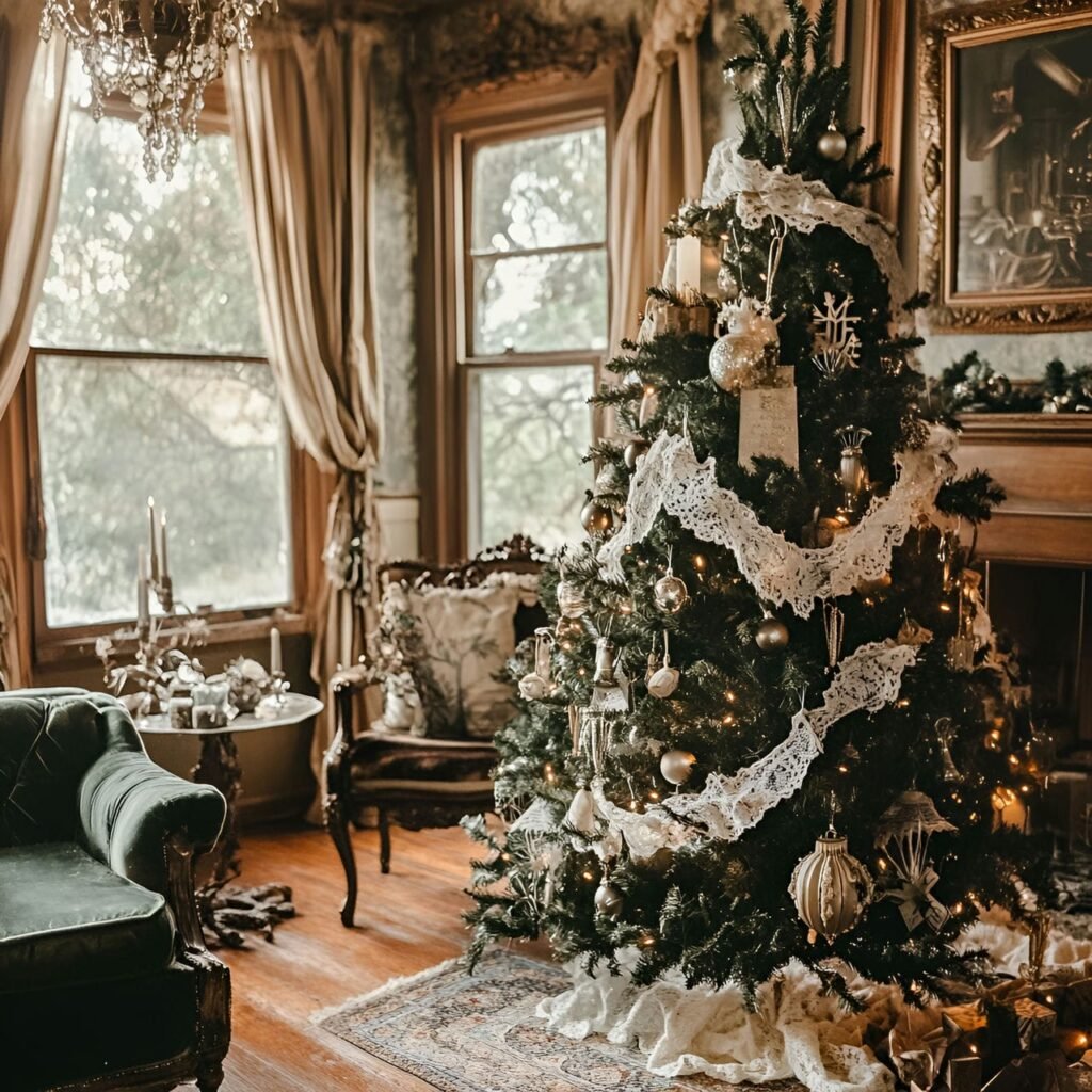 02. Victorian Elegance Christmas Tree with Lace Ribbons & Candles