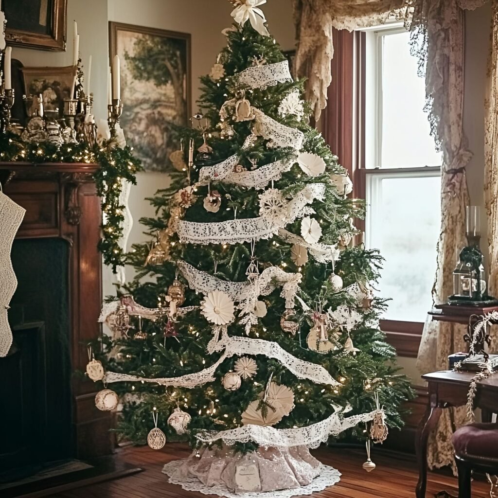 02. Victorian Elegance Christmas Tree with Lace Ribbons & Candles