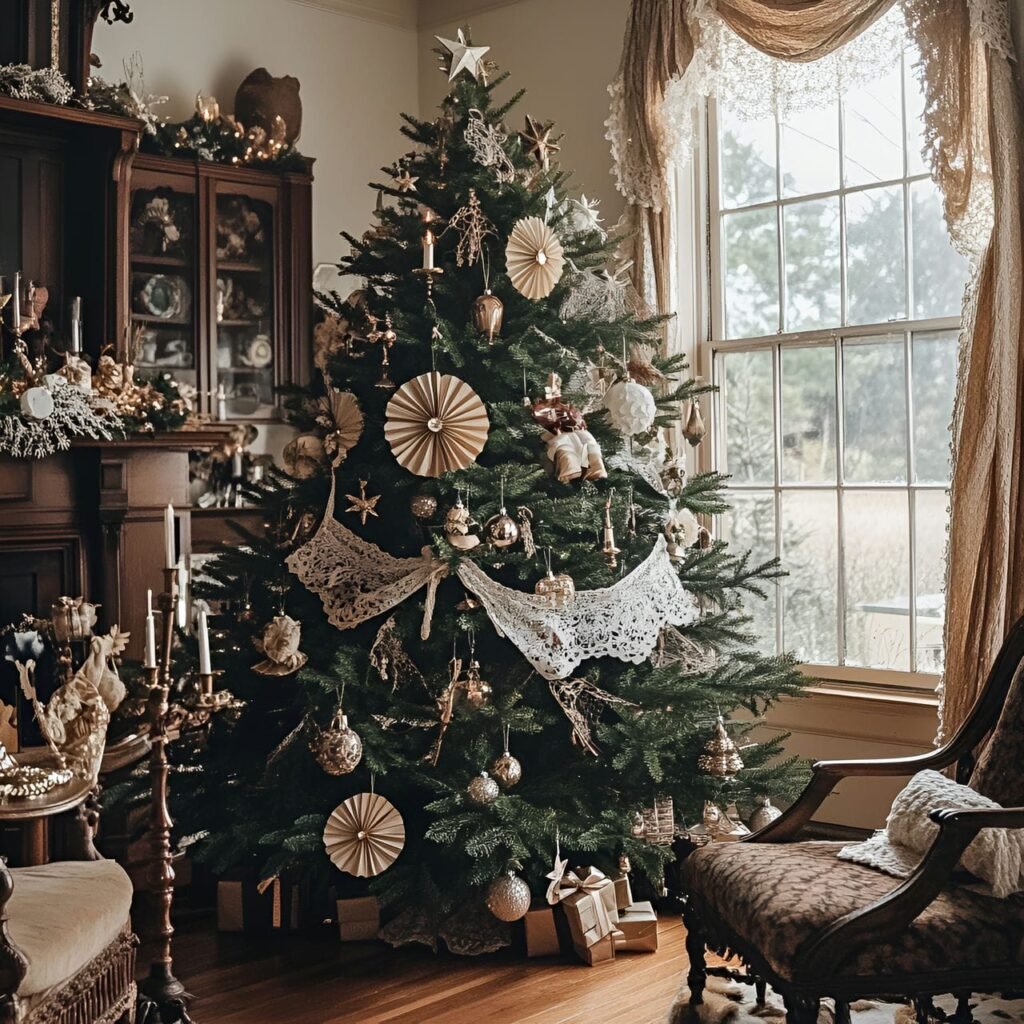 02. Victorian Elegance Christmas Tree with Lace Ribbons & Candles