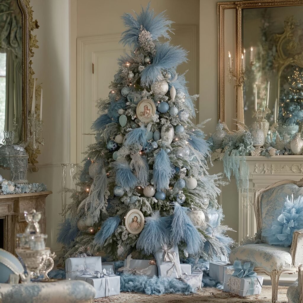 07. Vintage Blue Feather Victorian Christmas Tree with Lace Accents