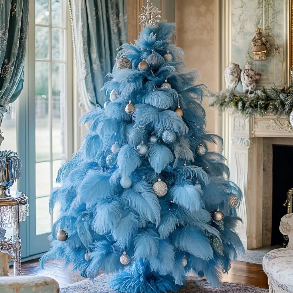 07. Vintage Blue Feather Victorian Christmas Tree with Lace Accents