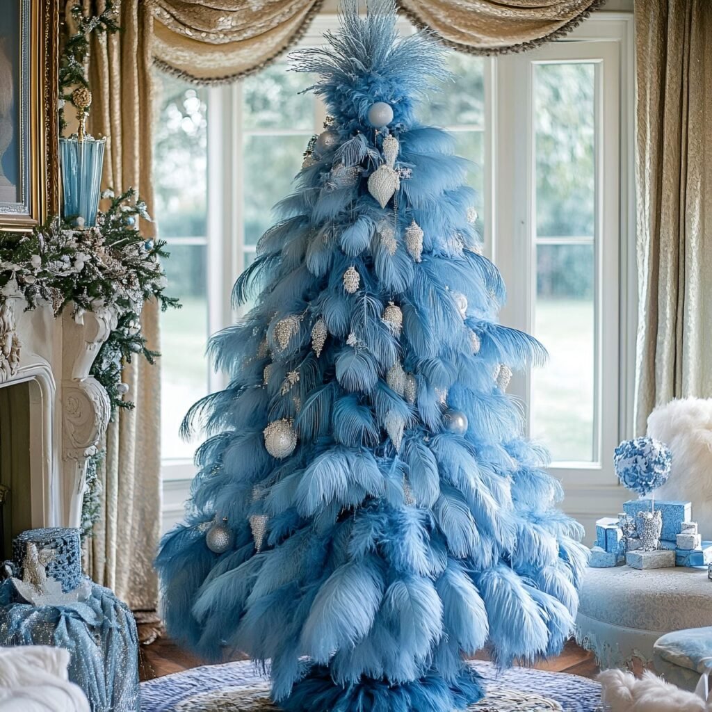 07. Vintage Blue Feather Victorian Christmas Tree with Lace Accents