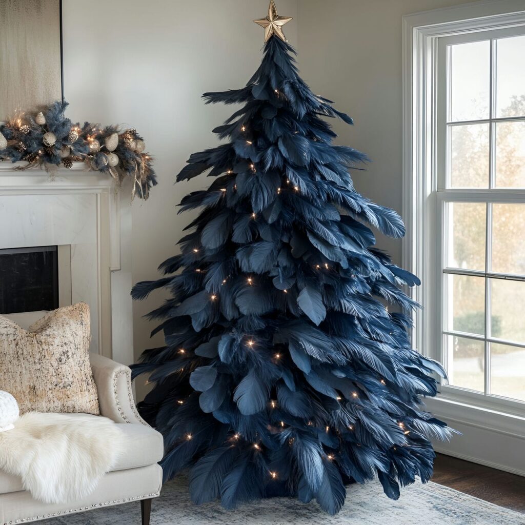 07. Vintage Blue Feather Victorian Christmas Tree with Lace Accents