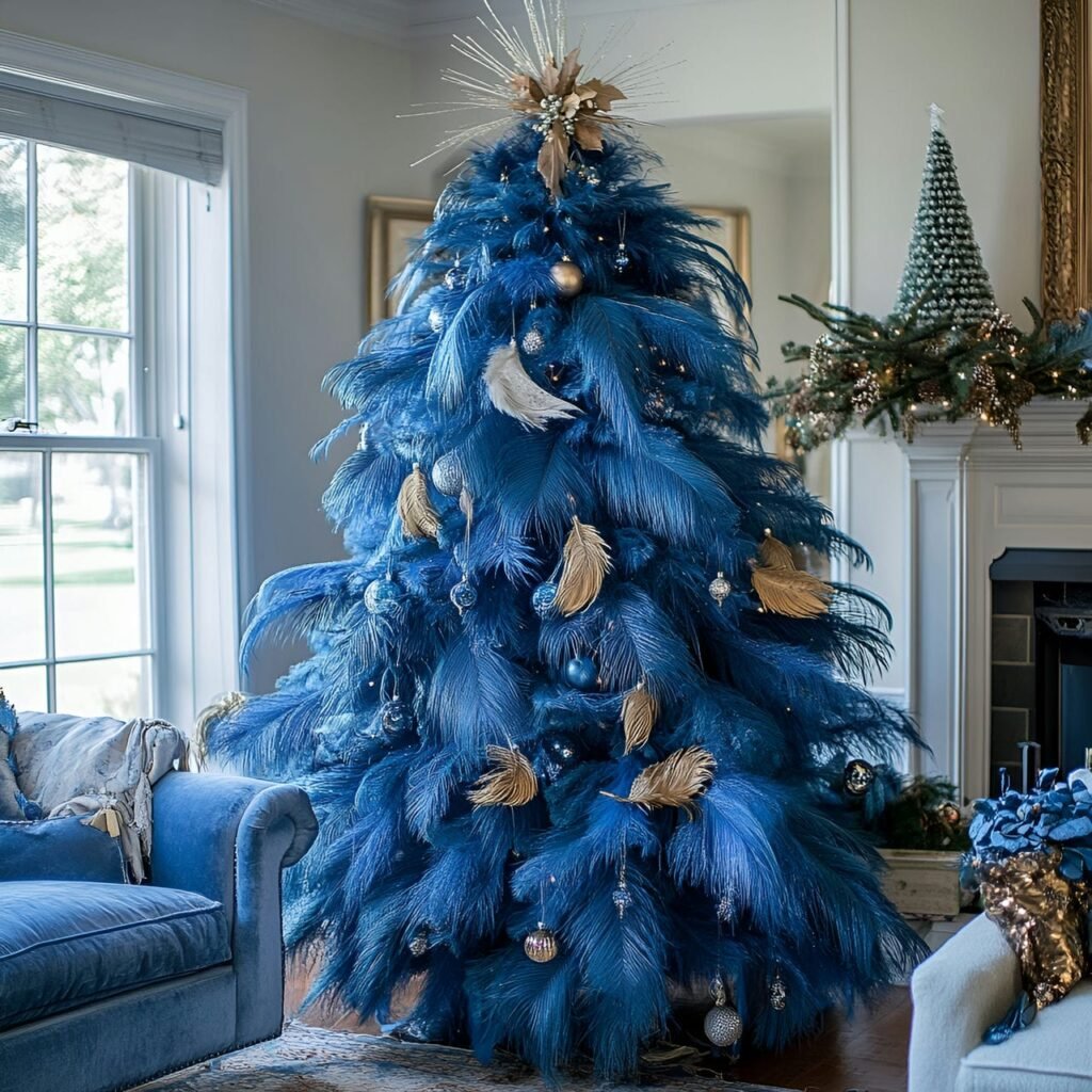 07. Vintage Blue Feather Victorian Christmas Tree with Lace Accents