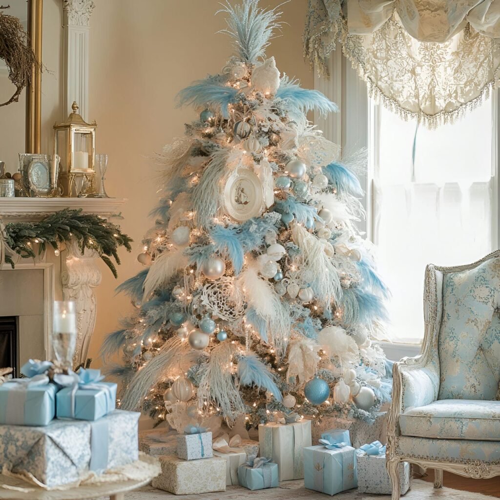 07. Vintage Blue Feather Victorian Christmas Tree with Lace Accents