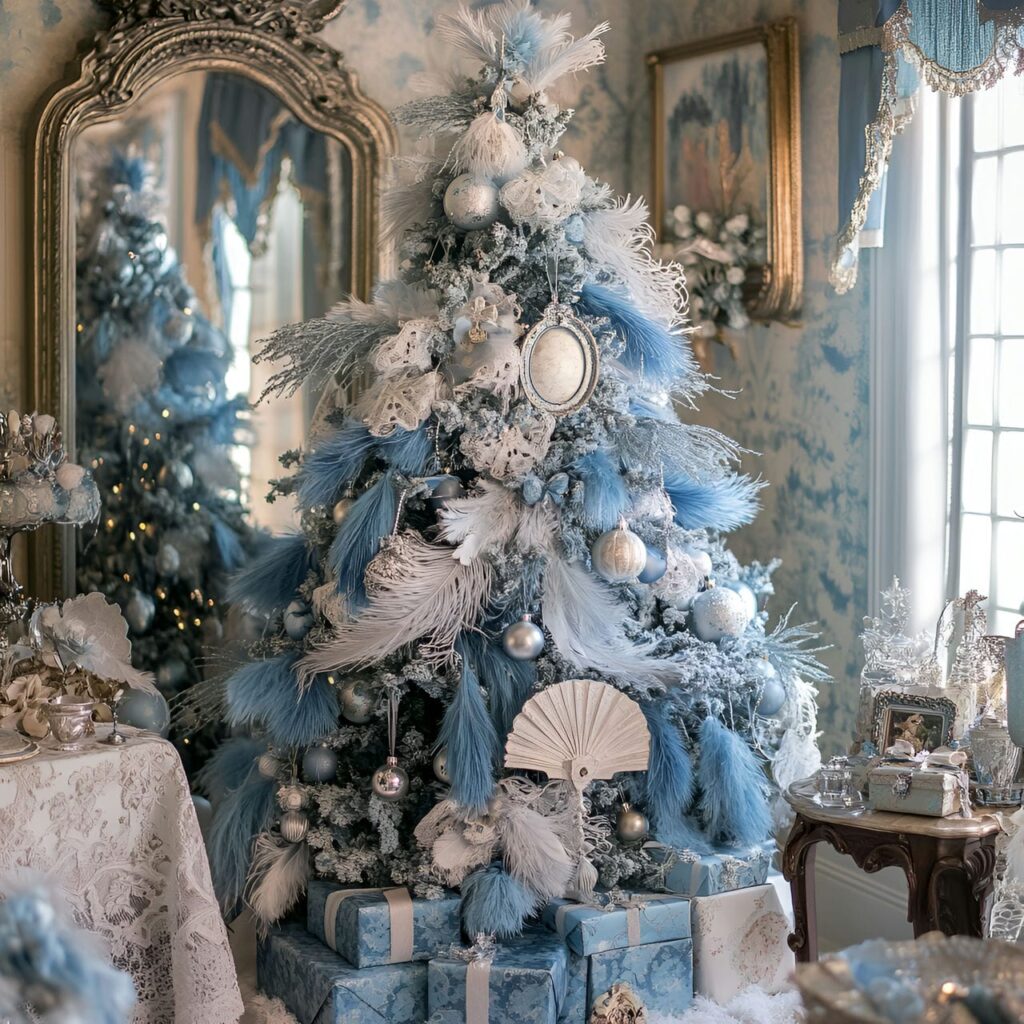 07. Vintage Blue Feather Victorian Christmas Tree with Lace Accents