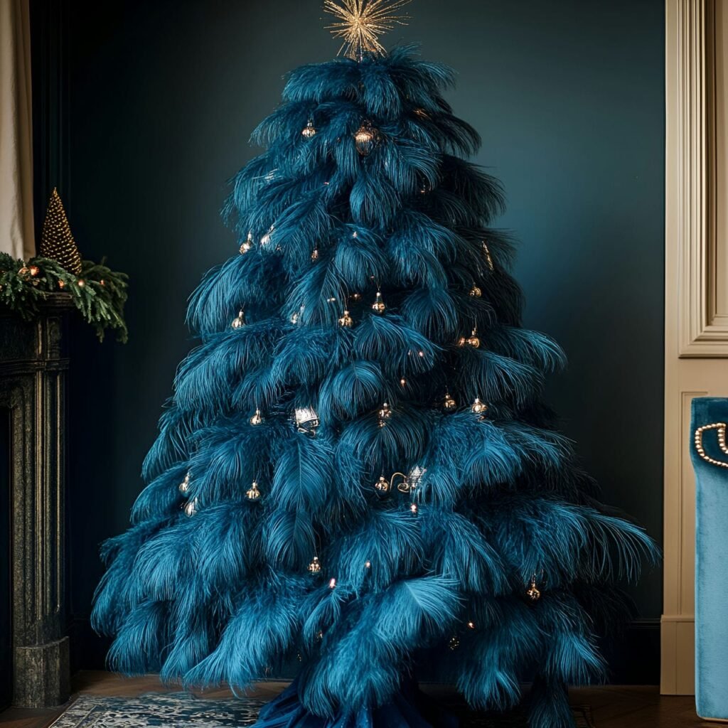 07. Vintage Blue Feather Victorian Christmas Tree with Lace Accents