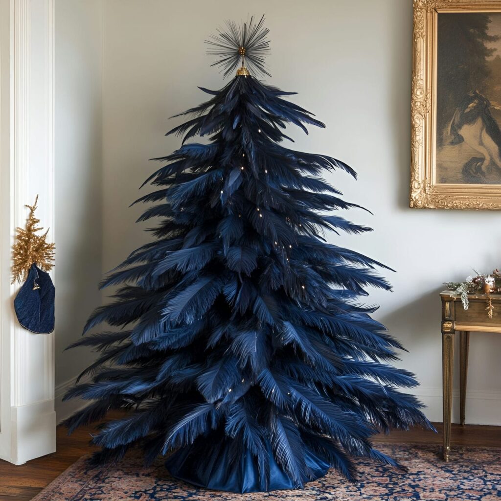 07. Vintage Blue Feather Victorian Christmas Tree with Lace Accents